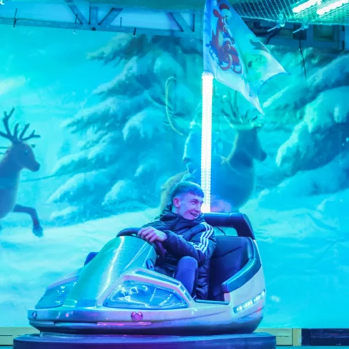 Na zdjęciu widać uśmiechniętego chłopca siedzącego w wozie strażackim na tle zimowego pejzażu z reniferami.