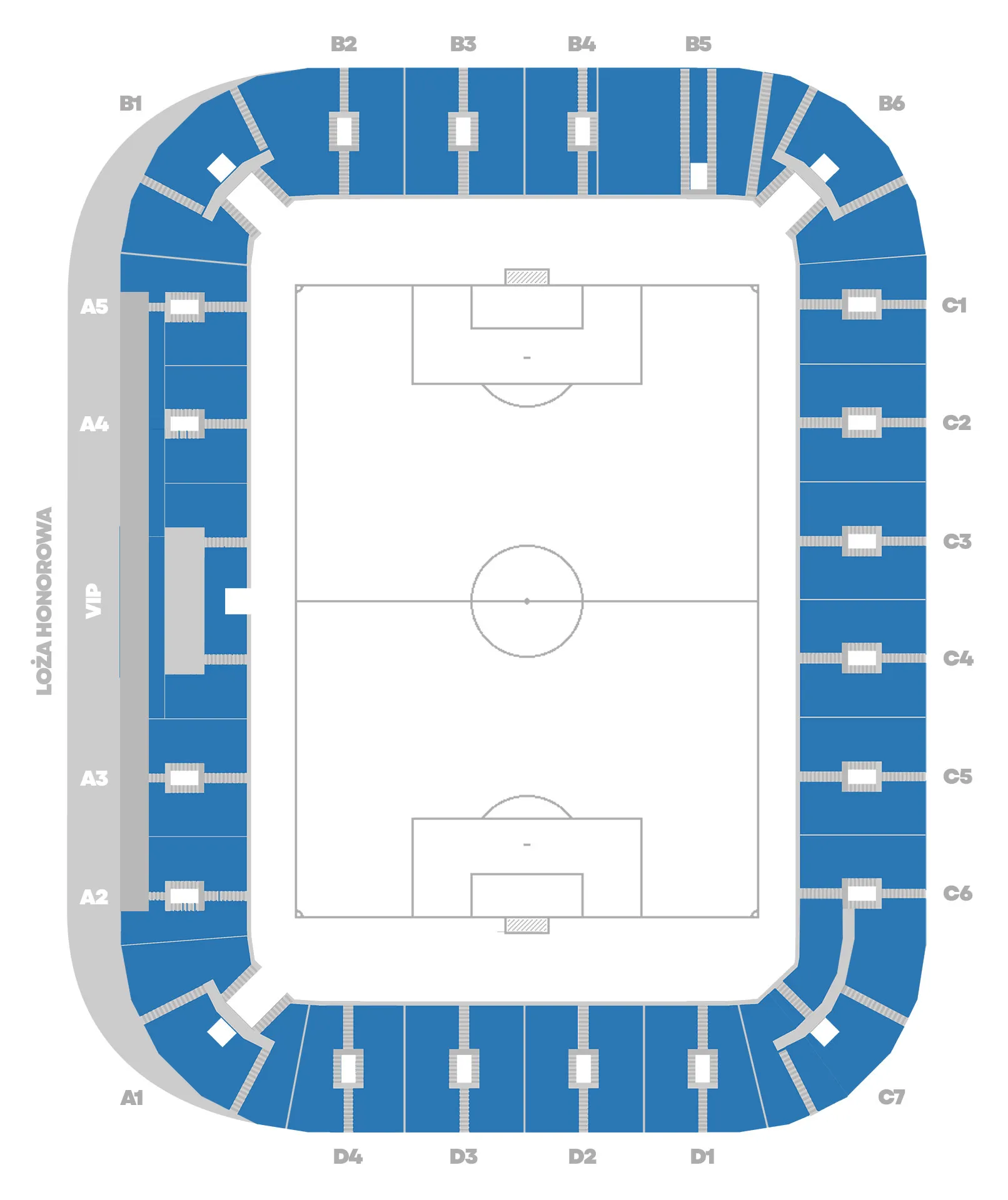 Schemat stadionu piłkarskiego z zaznaczonymi sektorami i lożami VIP.