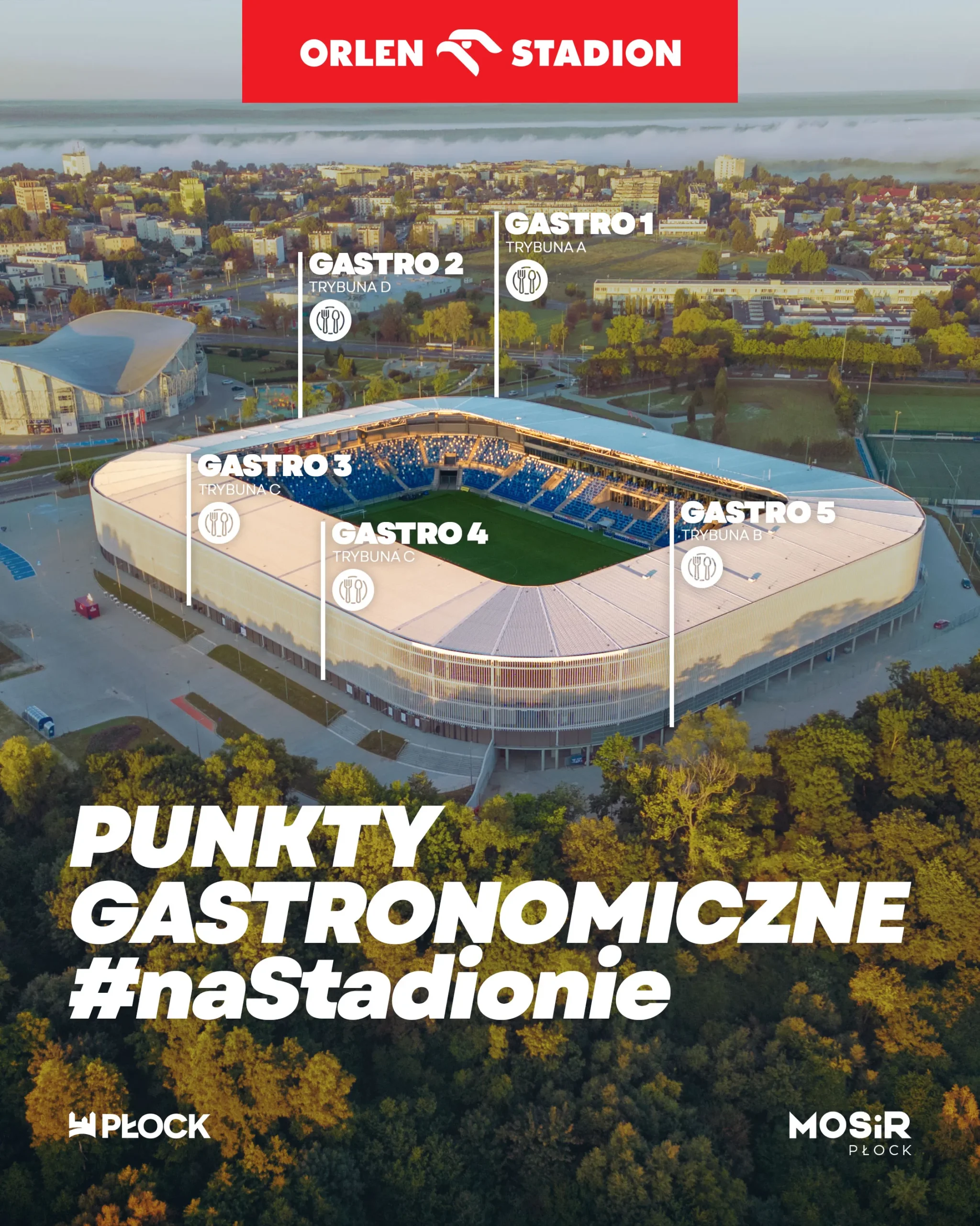 Widok z lotu ptaka na Orlen Stadion w Płocku z oznaczeniem punktów gastronomicznych.