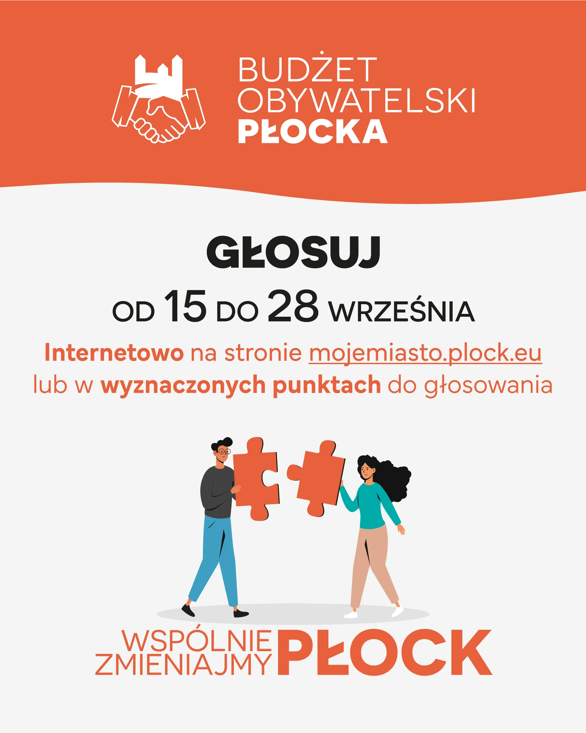 Grafika promująca głosowanie w budżecie obywatelskim Płocka, przedstawiająca dwie osoby trzymające puzzle oraz informacje o terminach i miejscach głosowania.